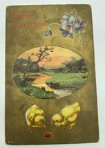 Early 1900s Easter Greetings Postcard Chicks Floral Landscape Gold - £5.05 GBP