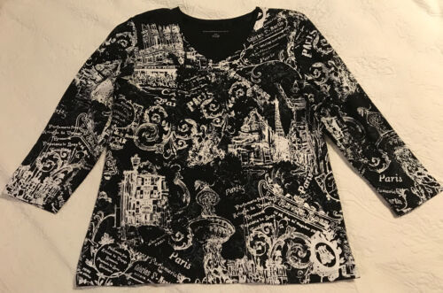 Primary image for Allison Daley Wm. M Paris Bling Flor de Lis Knit Top Blk Whte Shirt Eiffel Tower