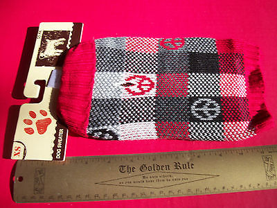 Pet Gift Dog Clothes XS Red Plaid Peace Sign Sweater Outfit Cold Weather... - $5.49