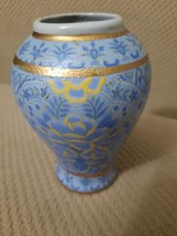Vtg 4.25&quot; Handpainted Ceramic Chinese Vace Blue Yellow Gold Textured #(1... - $13.00