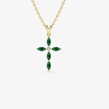 0.55CT Marquise Emerald &amp; Simulated Diamond 14k Yellow Gold Plated Cross Pendant - £51.46 GBP