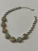 Sterling Silver Opal Tennis Bracelet with Halos Adjustable - $98.16
