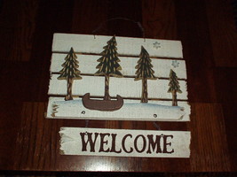 1990s WOOD Door or Wall Holiday HANGER design WELCOME w/Carved Trees/Boat/Flakes - £7.95 GBP