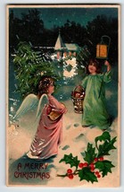 Christmas Postcard Angel Girl With Lantern Church BW Germany Series 298 Embossed - £5.05 GBP