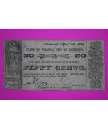 1862 State Of Virginia, City of Richmond 50 Cents Authentic Paper Money 86 - $29.99