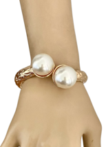 1.3/8&quot; Wide Statement Prom Party Bridal White Faux Pearl Golden Hinge Bracelet - £18.31 GBP