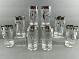 8 Silver Rim Monogram C Tumbler Glasses Set 5 1/2&quot; Mid Century Elegant Barware - £71.13 GBP