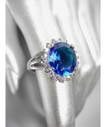 STUNNING 18kt White Gold Plated 5ct Blue Sapphire Crystal Heirloom Ring - £23.96 GBP