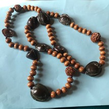 Vintage Long Chesnut Colored Wood Round Beads w Various Types of Seed Pods Neckl - £9.00 GBP