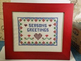Completed Framed Counted Cross Stitch Holiday 11&quot; X 12 1/2&quot; Season&#39;s Greetings - £17.63 GBP