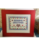 Completed Framed COUNTED CROSS STITCH Holiday 11&quot; X 12 1/2&quot; Season&#39;s Gre... - £17.71 GBP