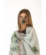 Exclusive Hand Painted Peacock Feather Art on Pure Mulberry Silk Scarf with Frin - $59.99