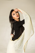 Pure Silk Crinkled Scarf with Golden Zari Border and Soft Pom Pom  - Fre... - $34.99