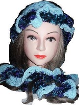 Hat &amp; Scarf Set Hand Crocheted SEAFOAM AQUA &amp; PURPLE BLUE BLACK EYELASH ... - $24.65