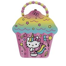 Hello Kitty Unicorn Cupcake Tin Box W/ Beaded Handle &amp; Rainbow Design - $7.34