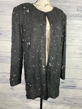 Royal Feelings Silk Cardigan Women M Black Lined Bead Sequin Shoulder Pa... - £24.72 GBP