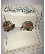 Vintage Creative Works Clip On Earrings Teacup Spoon Jewelry Pink Floral... - £21.36 GBP