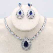 Water Drop Dubai Blue Sapphire Green Peridot Necklace Earring Set for Women Luxu - £29.99 GBP