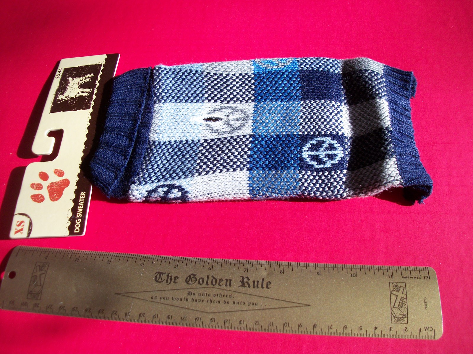 Pet Gift Dog Clothes X-Small Blue Plaid Peace Sign Sweater Outfit Casual... - $5.49