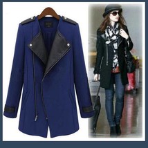 Black Leather Collar Asymmetric Front Zip Winter Wool Thigh Length Coat 