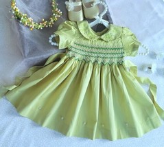 Pastel Green Hand-Smocked Embroidered Baby Girl Dress. Toddler Girl Formal Dress - £32.12 GBP