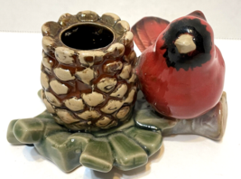 Vintage Cardinal and Pine Cone Christmas Ceramic Candle Holder 4.75x3&quot; - £14.54 GBP