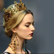 Vintage Gold Bridal Crown Tiara with Colorful Gemstones, Pearl Accents a... - $150.00