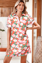 Fresh Salmon Floral Print Contrast Striped Trim Polo Collar T Shirt Dress - $16.57