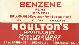 Vintage Pharmacy Label BENZENE PURE BENZOL Moultons Apothecary Pensacola... - £27.16 GBP