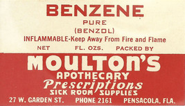 Vintage Pharmacy Label BENZENE PURE BENZOL Moultons Apothecary Pensacola... - £21.48 GBP