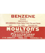 Vintage Pharmacy Label BENZENE PURE BENZOL Moultons Apothecary Pensacola... - $55.84 CAD