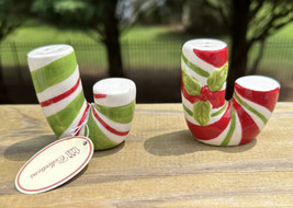 Christmas Candy Cane Holly Ceramic Salt &amp; Pepper Shakers Green Red 3” - $10.99