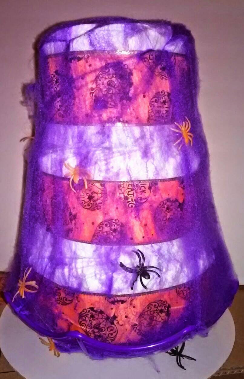 Purple and Orange Halloween Spider Web Themed Baby Shower 3 Tier Diaper Cake