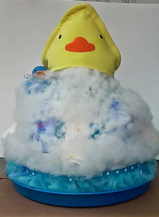 Blue Polka Dot Duck Themed Baby Boy Shower 3 Tier Bubble Bath Diaper Cake Gift