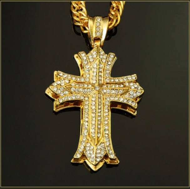 Rennaisance Crusade Diamond Encrusted Gold or Silver Cross Pendant 35" Necklace