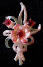 Vintage Celluloid Flower Brooch Pin Red Rhinestones 3.5&quot; in Gift Box - £27.56 GBP