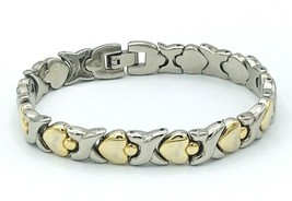 Vintage 80&#39;s Gold Silver Tone Hugs Kisses Heart Link Bracelet 8&quot; - £12.52 GBP