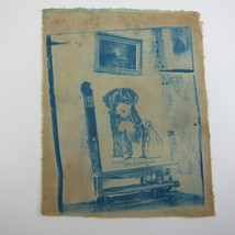 Cyanotype Photograph On Cloth Painting Puppy Dog He&#39;s Caught On Antique 1800s - £39.30 GBP