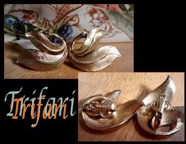 wonderful pair of Trifari Brushed golden clip on earrings. SHIPS FREE - £23.43 GBP