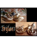 wonderful pair of Trifari Brushed golden clip on earrings. SHIPS FREE - £23.59 GBP