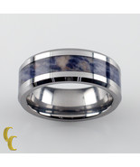 Homme Tungsten Bague W / Bleu Marbre Coloré Centre Bande Taille 8.5 - €85,41 EUR