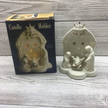 Christmas Christ in Manger Porcelain Candle Holder W Box Gold Trim Candle Inc - £6.22 GBP