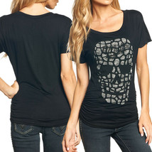 Affliction Mosaic Skull AW9114 Ruched Stones Womens Scoop Neck TShirt Black XS-M - £35.95 GBP