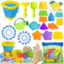 Collapsible Beach Sand Toys For Kids 3-8-10-12, 40 Pcs Travel Beach Toys For Tod - £36.46 GBP