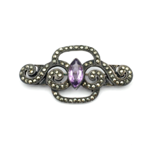 ART DECO amethyst marcasite sterling brooch - vintage purple gemstone swirl pin - £51.11 GBP