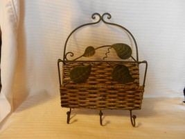 Green Metal With Wicker Letter Holder With 3 Hat or Key Hooks, Wall Mount - $30.00