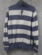 Tommy Hilfiger Sweater Mens XL Navy Blue Gray Striped Cotton 1/4 Zip Pul... - £20.12 GBP