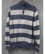 Tommy Hilfiger Sweater Mens XL Navy Blue Gray Striped Cotton 1/4 Zip Pul... - £20.12 GBP