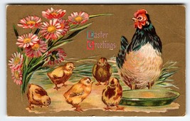 Easter Postcard Rooster Hen Baby Chicks Flowers Embossed Vintage Antique - £6.06 GBP