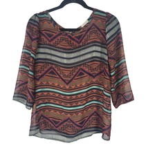 Everly Blouse M Womens Aztec Print Crew Neck Sheer Multicolor 3/4 Sleeve Top - £11.19 GBP